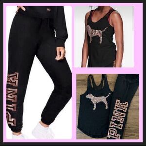 PINK VICTORIA’S SECRET ROSEGOLD BLING DOG MESH TANK / JOGGERS OUTFIT SET XS